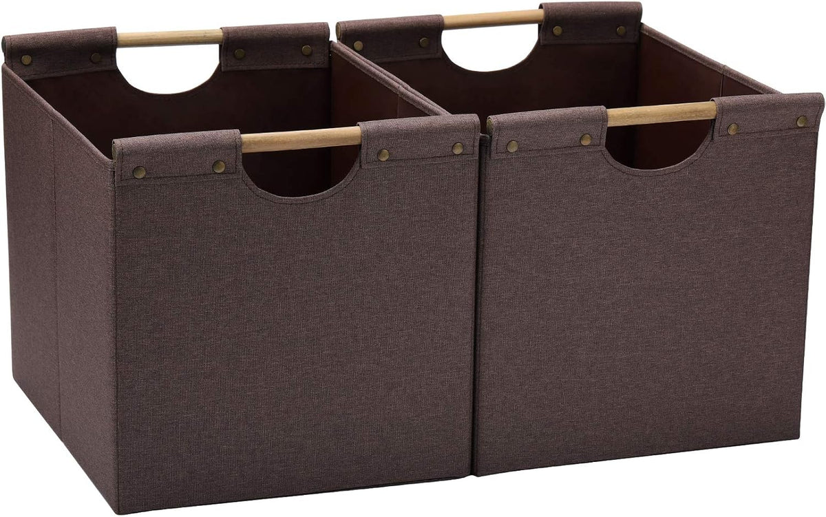 HOONEX Large Collapsible Storage Bins, Linen Fabric, Pack of 2, Storage Baskets with Wooden Carry Handles and Sturdy Heavy Cardboard, for Home, Office, Car, Nursery, Black