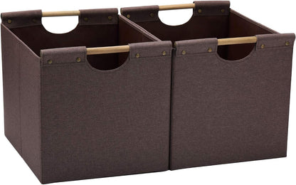 HOONEX Large Collapsible Storage Bins, Linen Fabric, Pack of 2, Storage Baskets with Wooden Carry Handles and Sturdy Heavy Cardboard, for Home, Office, Car, Nursery, Black