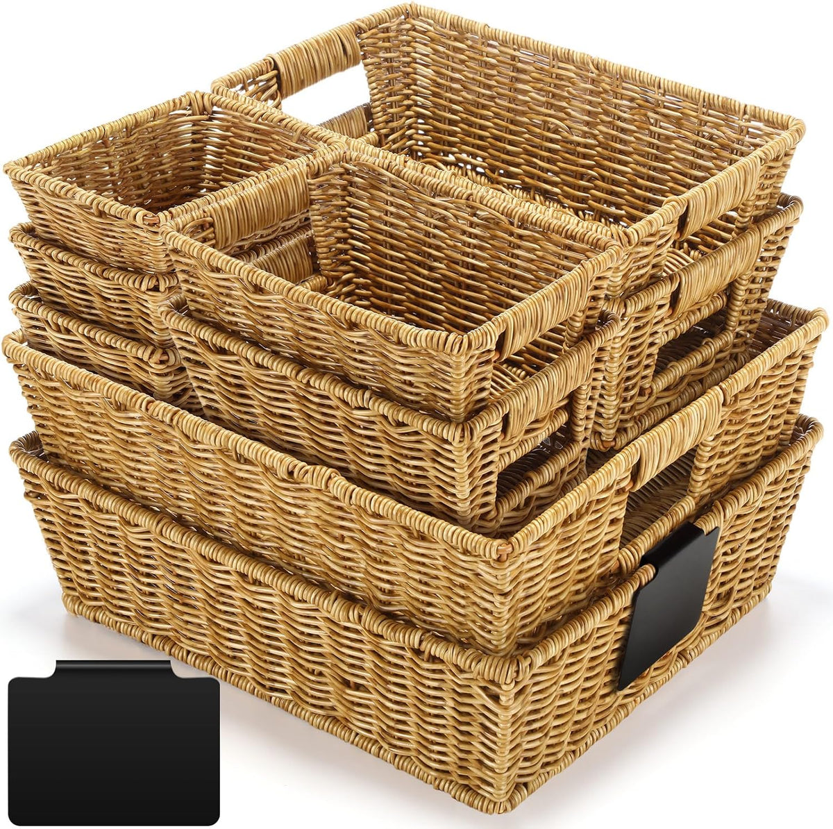 Marsui 9 Pcs Wicker Storage Baskets for Pantry Organization with Handle Labels Handwoven Multi-size Dark Brown Small Organizer Baskets Storage Bin Container for Shelves Closet Toilet Christmas Holiday