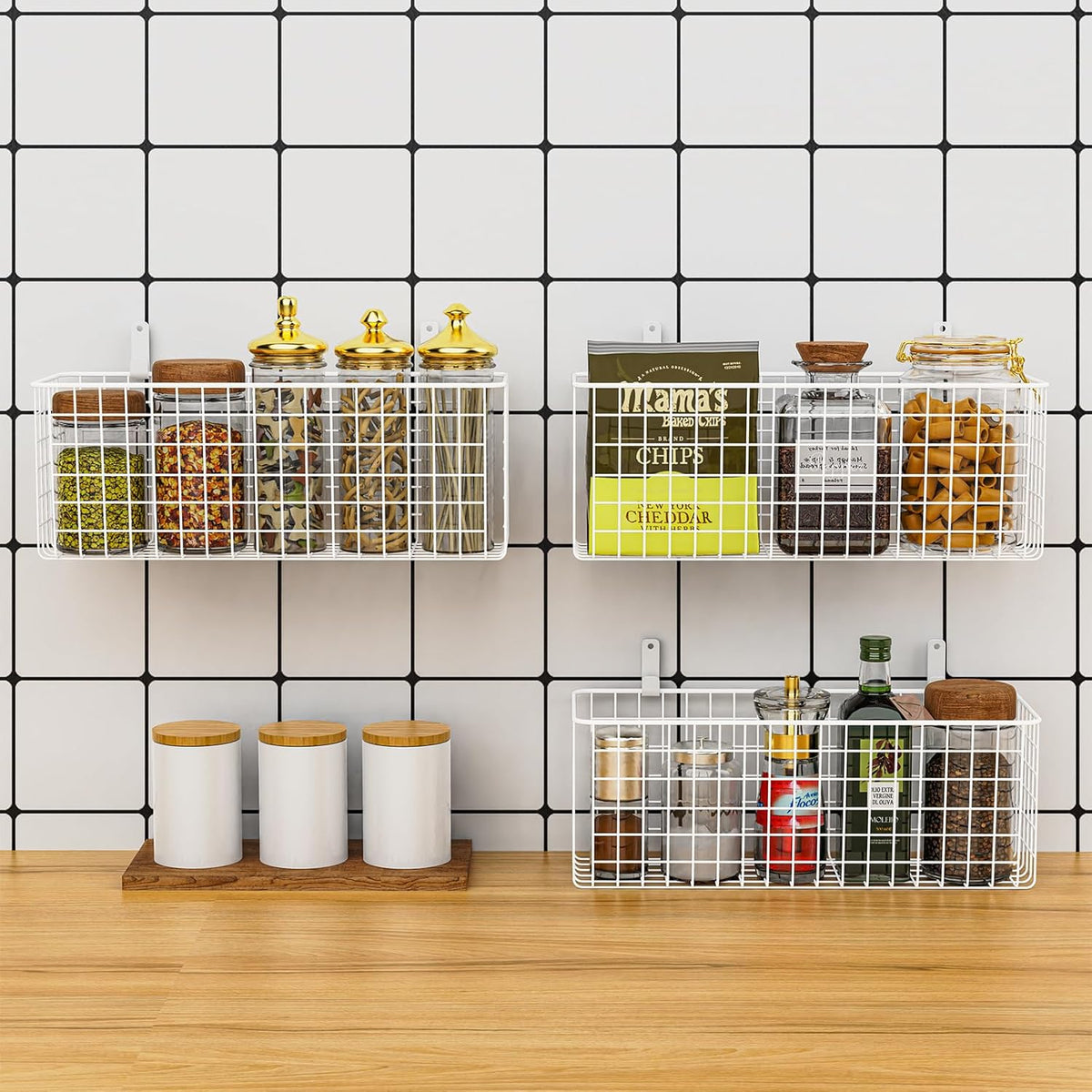 Joben Oligey 3 Set [Extra Large] Hanging Wall Baskets ,Wire Basket For Storage Pantry, Farmhouse Food Storage Kitchen Pantry Laundry Closet Garage RV ,Black