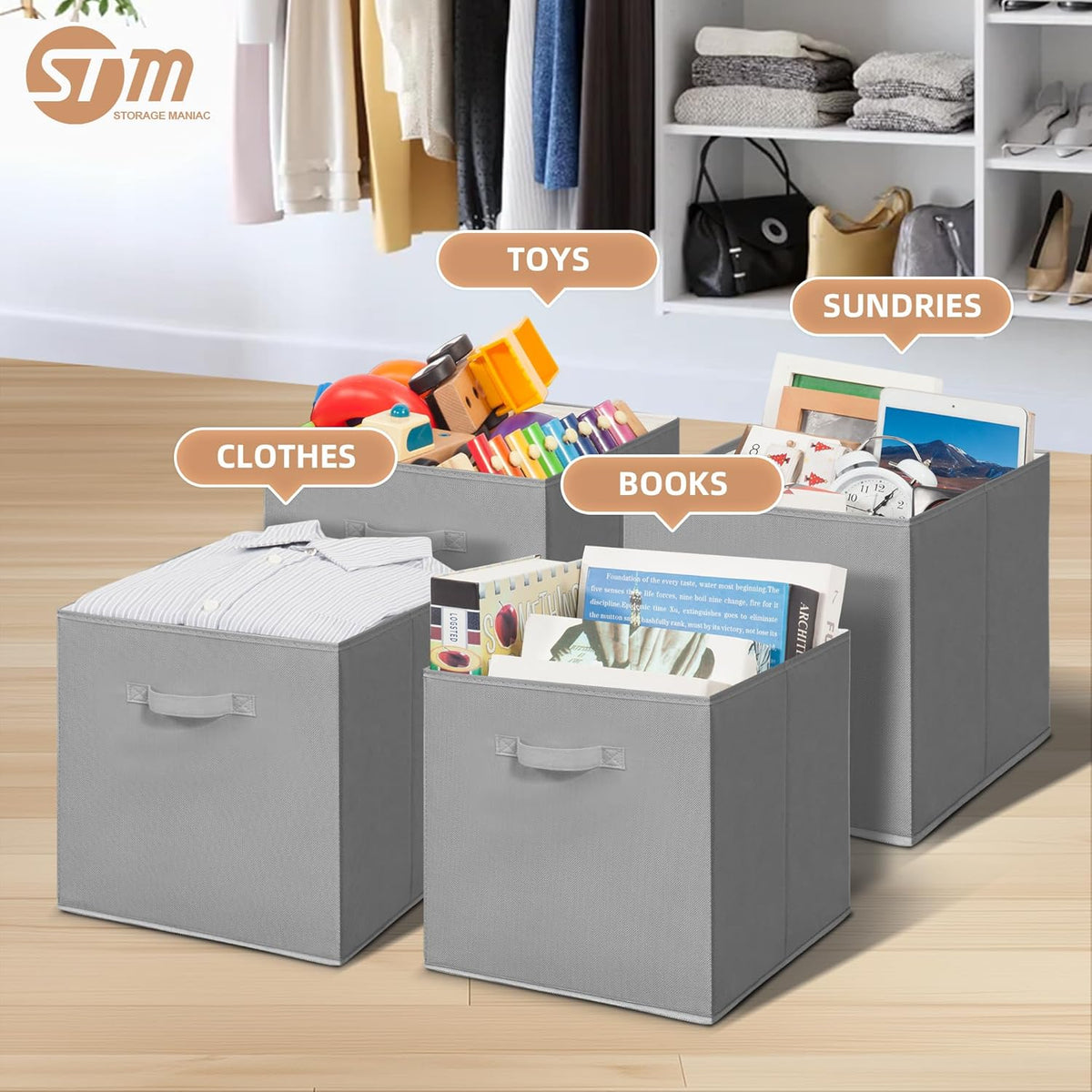STORAGE MANIAC Storage Cubes, 11 Inch Durable 6 Pack Fabric Foldable Collapsible Bins with Handles for Organization, Closet, Shelves, Offices, Toys, Black