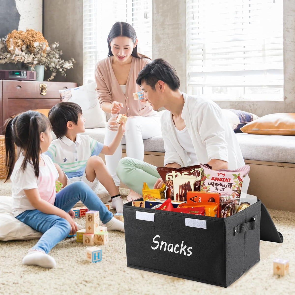 Snack Organizer for Pantry Shelf, Fabric Snack Organizer with Double Lids & Handles, Large 2-Compartment Snack Bin Snack Holder, Snack Basket for Chips Packets, Snack Bar Station Decor -Black