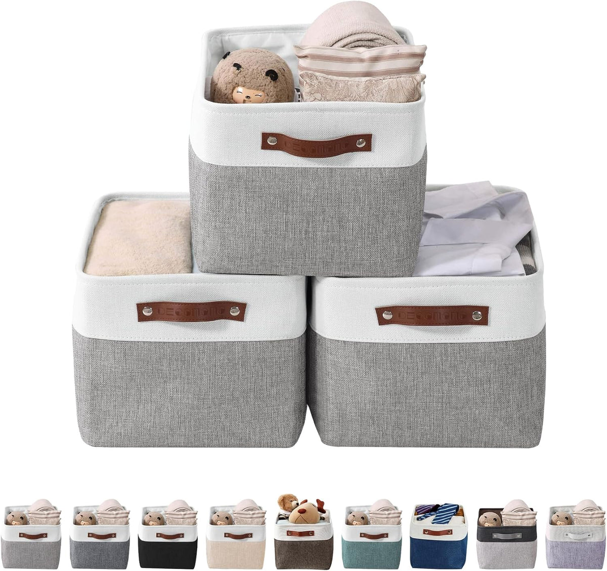 DECOMOMO Storage Bins, Large Fabric Storage Baskets for Shelves, Decorative Linen Closet Organizer, 15 x 11 x 9.5 inches (Beige & White, 3 Pack)