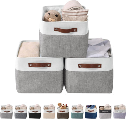 DECOMOMO Storage Bins, Large Fabric Storage Baskets for Shelves, Decorative Linen Closet Organizer, 15 x 11 x 9.5 inches (Beige & White, 3 Pack)