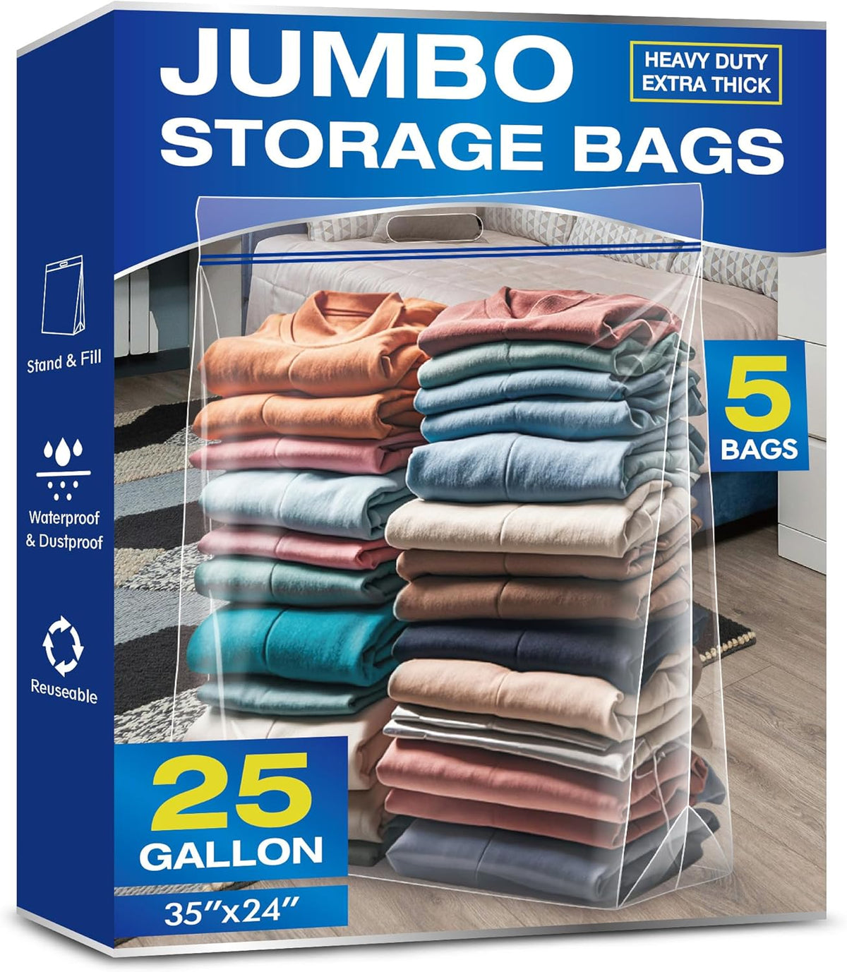 25 Gallon Jumbo Storage Bags, 3.5 Mil Thick Clear Plastic Zipper Bags with Handles, 35" x 24" Extra Large XL Heavy Duty for Home, Travel, and Moving (5 Packs)