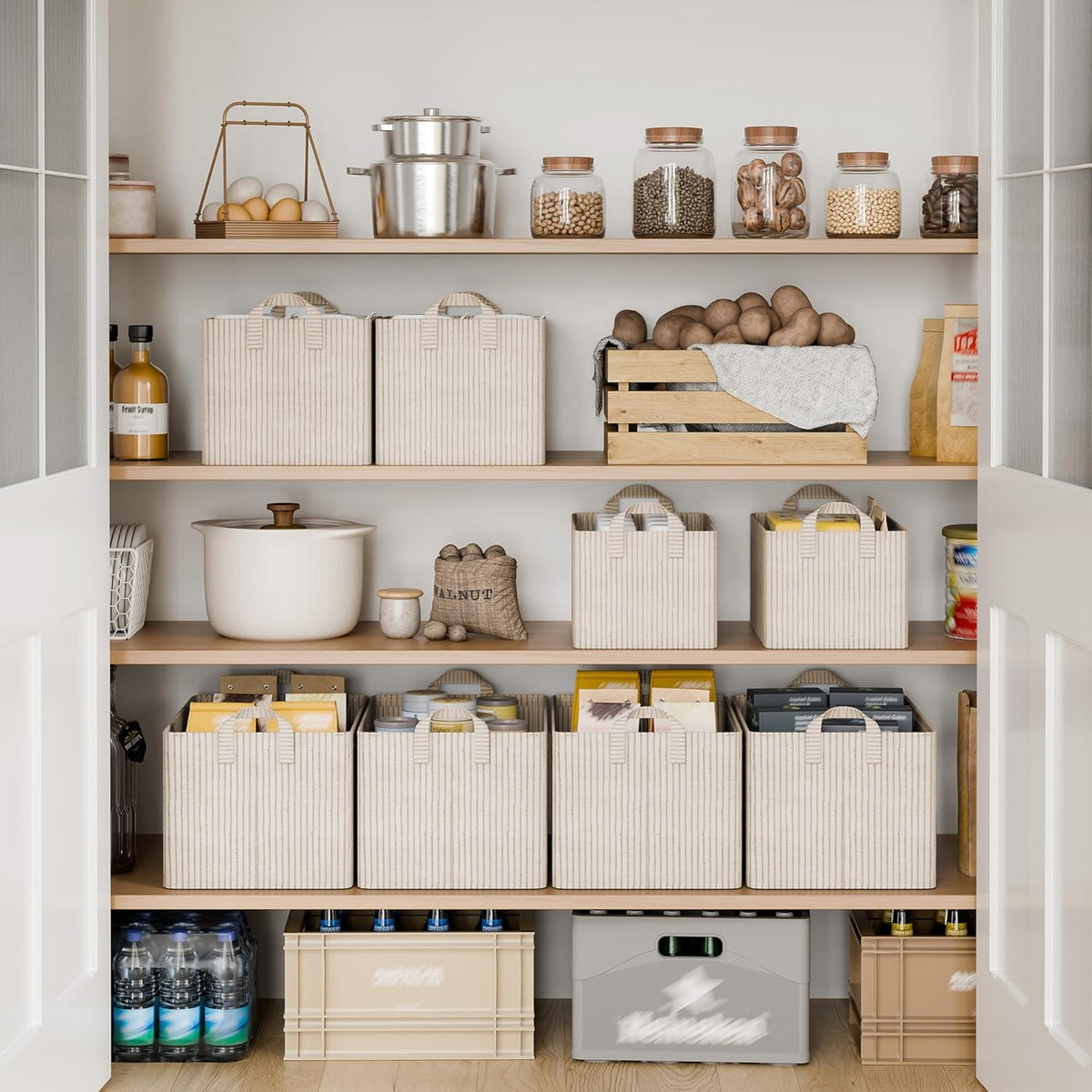 StorageWorks Storage Bins, Shelves Baskets for Organizing, Fabric Closet Organizers with Handles, Metal Frame, Beige-Cotton-linen, 2-Pack