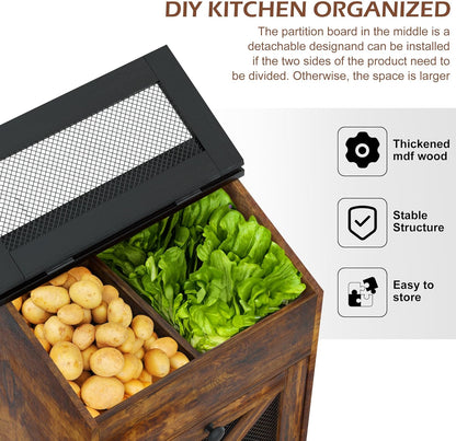 Wooden Potato and Onion Storage Bin w/Lid, Large Capacity and Ventilated Design, Ideal for Pantry, Kitchen Brown