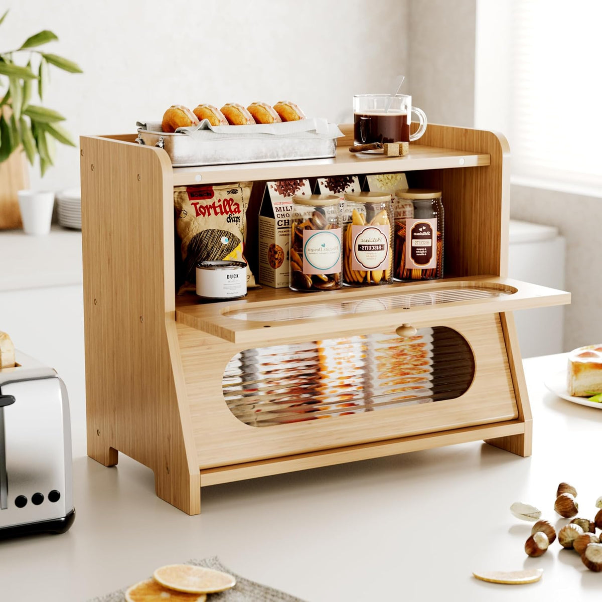Bread Box,Extra Large 2-Tier Bamboo Bread Box for Kitchen Countertop,Bread Storage Container with Magnetic Acrylic Door for Homemade Bread,Under Cabinet,Pantry Organizer(Natural)