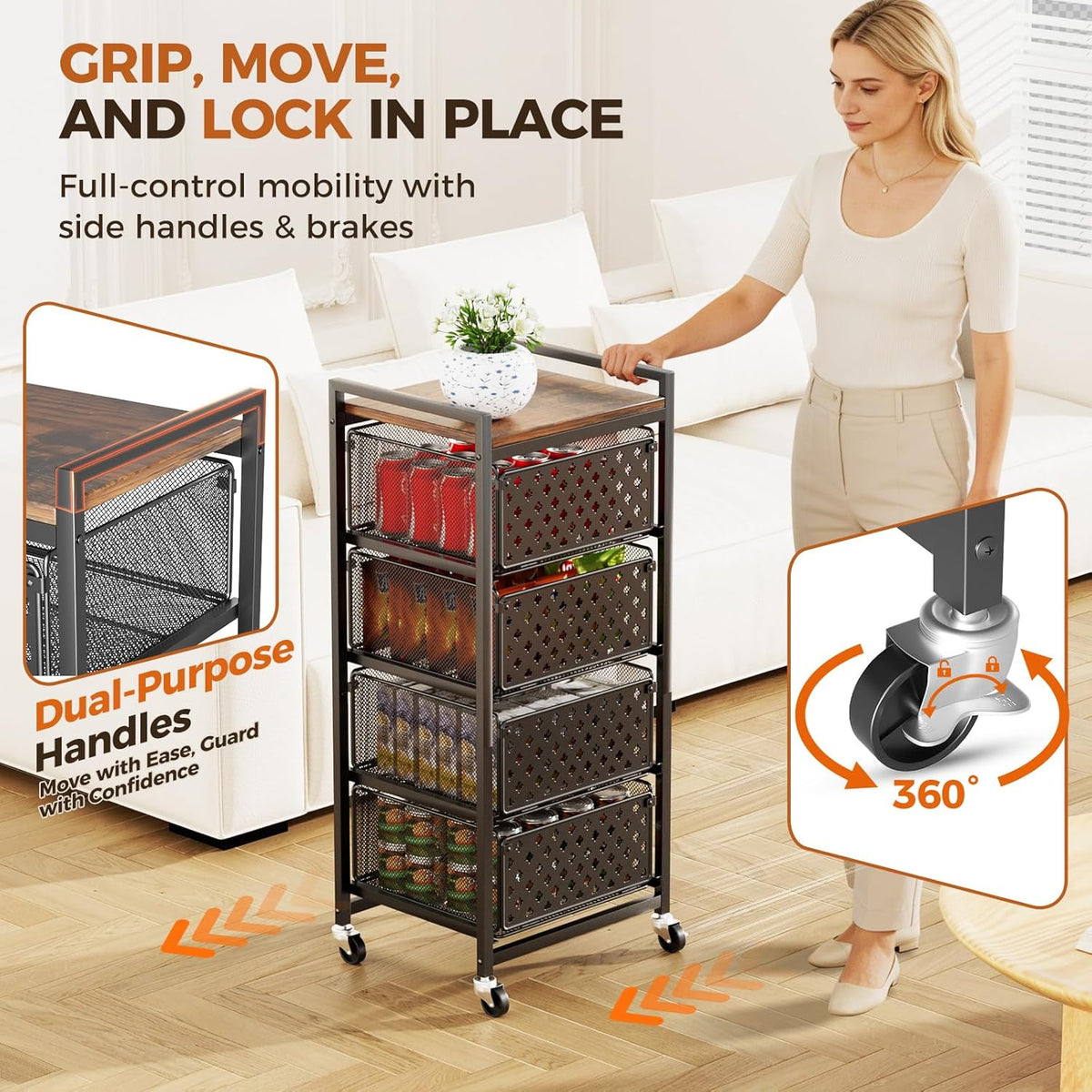 5 Tier Kitchen Storage Cart with Wheels, Utility Fruit Vegetable Storage Rack Stand with Pull-Out Baskets & Wood Top, Metal 4-Drawers Rolling Snack Cart, Kitchen Cart for Potato Onion(Black)