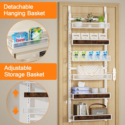 8 Tier Pantry Door Organizer Spice Rack, 2-IN-1 Wall Mount or Hanging Over Door Seasoning Organizer with Adjustable Baskets, Heavy Duty Behind Door Storage Shelves for Pantry, Cabinet and Kitchen