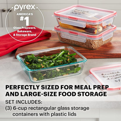 Pyrex Freshlock (4 Cup) Glass Food Storage Containers Set, Airtight & Leakproof Plastic Locking Lids BPA-Free, Meal Prep Containers Set, Freezer Dishwasher Microwave Safe