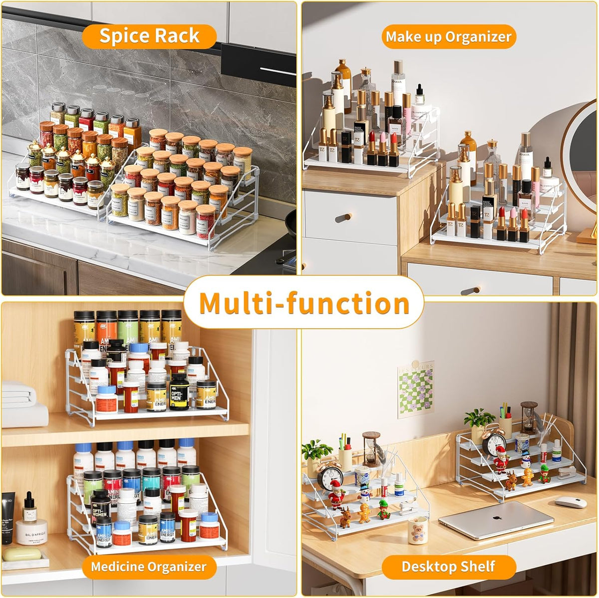 RCHYFEED Spice Rack Organizer for Cabinet Pantry,4 Tier Spice Rack Countertop, Depth Adjustable Spice Organization for Cabinet,Tierd Seasoning Organizer for Cabinet(Black) | for Cabinet Pantry