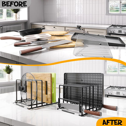 Cutting Board Organizer Rack with 7 Compartments, Heavy-Duty Iron Pan and Baking Sheet Organizer, Kitchen Cabinet Storage Rack with Non-Slip Base, Space-Saving Pot Lid Holder for Countertop & Pantry