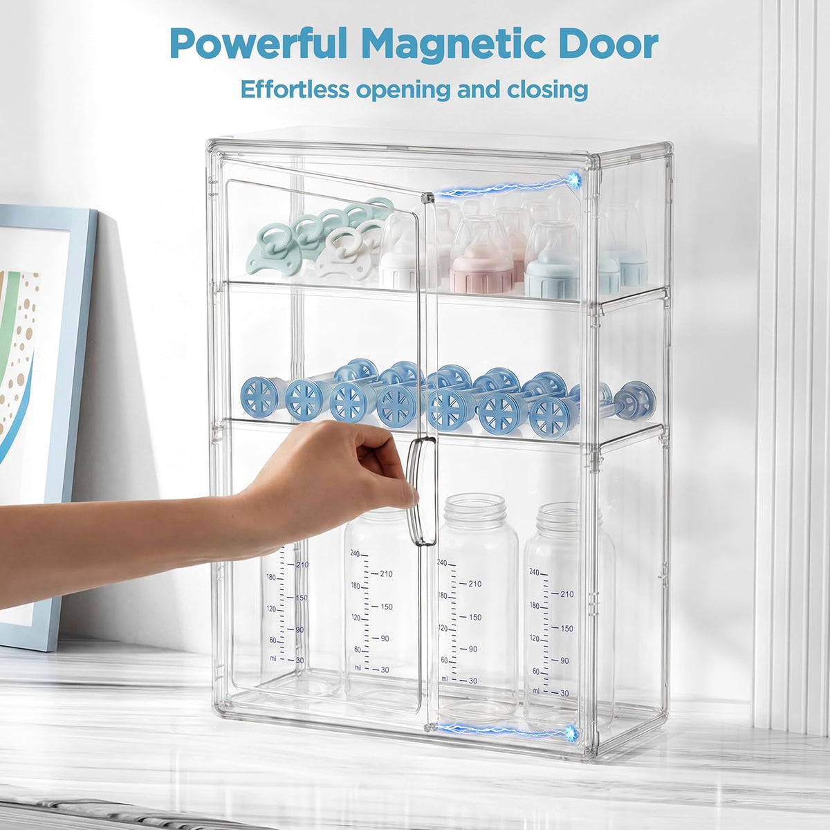 HBlife Baby Bottle Storage Organizer for Countertop Cabinet, 3 Tiers Adjustable Clear Acrylic Bottles Storage Station Case Box Container with 2 Removable Dividers and Magnetic Door, Large