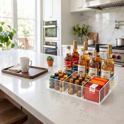 Coffee Bar Organizer for Countertop – Wooden Coffee Caddy with Compartments for Pods, Sugar Packets, and Accessories – Coffee Condiment Station Storage for Home and Office (Black)