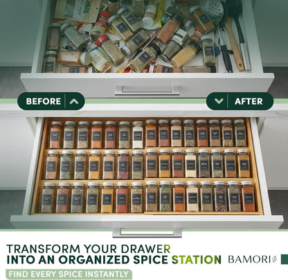 Bamboo Spice Drawer Organizer – Expandable Spice Rack for Drawer – 4 Tiered Premium Bamboo Kitchen Seasoning Organizer for Drawer Spice Organizer, Seasoning rack insert for Cabinet