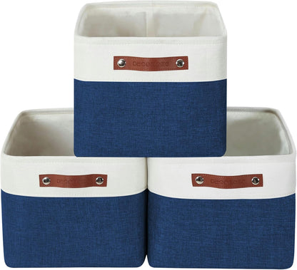 DECOMOMO Storage Bins, Large Fabric Storage Baskets for Shelves, Decorative Linen Closet Organizer, 15 x 11 x 9.5 inches (Beige & White, 3 Pack)
