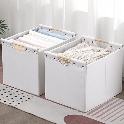 HOONEX Large Collapsible Storage Bins, Linen Fabric, Pack of 2, Storage Baskets with Wooden Carry Handles and Sturdy Heavy Cardboard, for Home, Office, Car, Nursery, Black