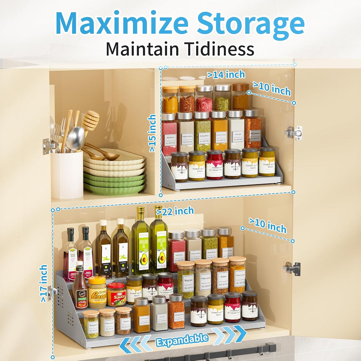 BOIVSHI Spice Rack, Spice Organization for Cabinet - Expandable Width, 3 Tiered Spice Rack Organizer for Cabinet - Adjustable Height, Seasoning Organizer for Cabinet, Countertop, Pantry, White