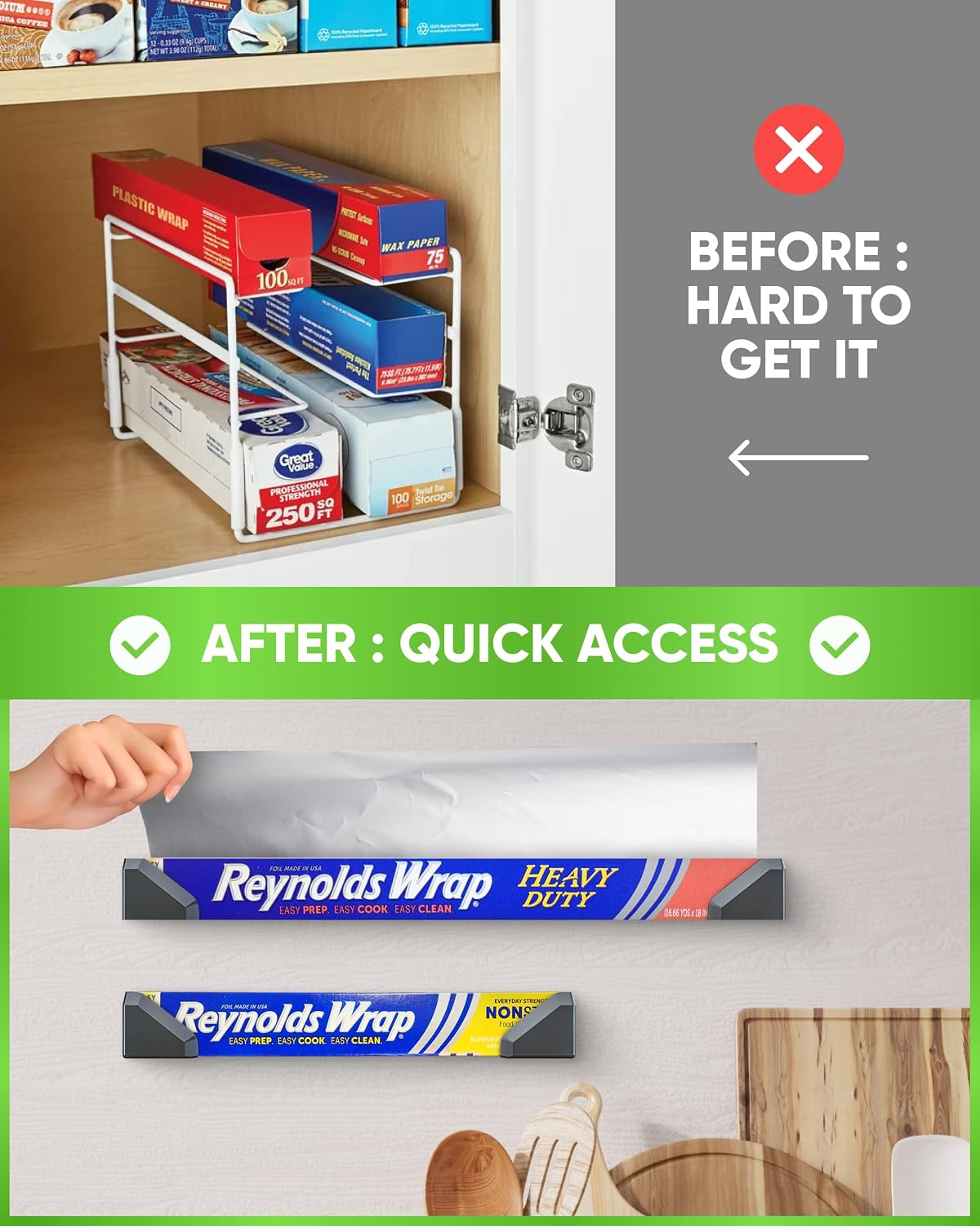 Skywin Adhesive Foil and Plastic Wrap Organizer Includes 2 Holders, Fits Box Width up to 2.4in/61mm, Heavy Duty Aluminum Foil Organization and Storage (White)