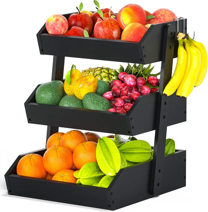 Gmtsl Bamboo Fruit Basket for Kitchen – 3 Tier Fruit Bowl For Kitchen Counter, Large Fruit Holder With 2 Banana Hangers, Idea For Fruit and Vegetable Storage, Bread Basket, Snack Organizer(BLACK)