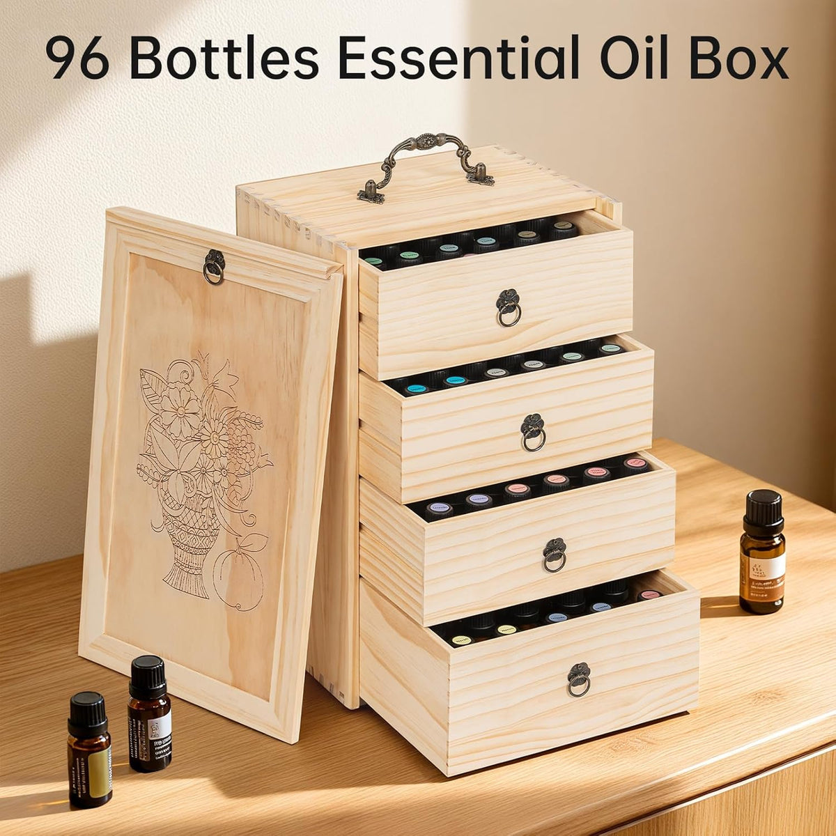 TORIBIO Essential Oil Storage Box for 60 Bottles, Wooden Essential Oils Holder Organizer Holds 5-30ml for Young Living & Doterra Bottles