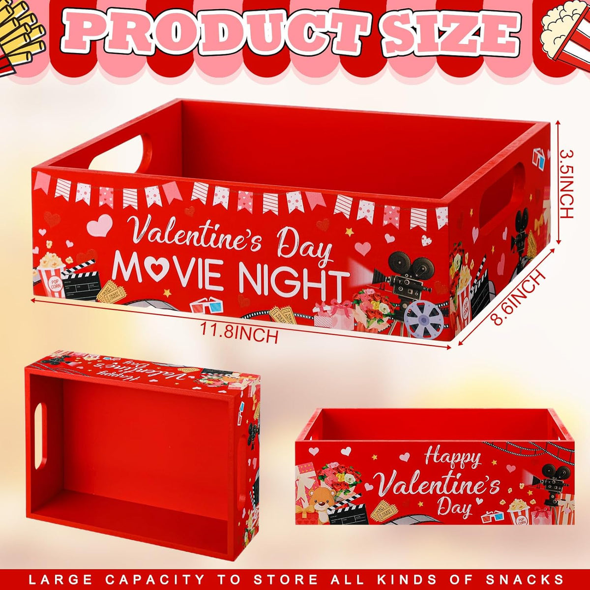 Movie Night Supplies Snack Trays with Handles Reusable Wooden Movie Gift Basket for Theater Popcorn Bucket Bowl Box Container Family Room Decor(Classic Style)