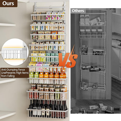 POKIPO 9 Tier Over The Door Pantry Organizer, 2 in 1 Wall Mount or Hanging Spice Rack with Adjustable Deep Basket, Heavy-Duty Seasoning Organizer and Storage for Kitchen Cabinet Closet Bathroom