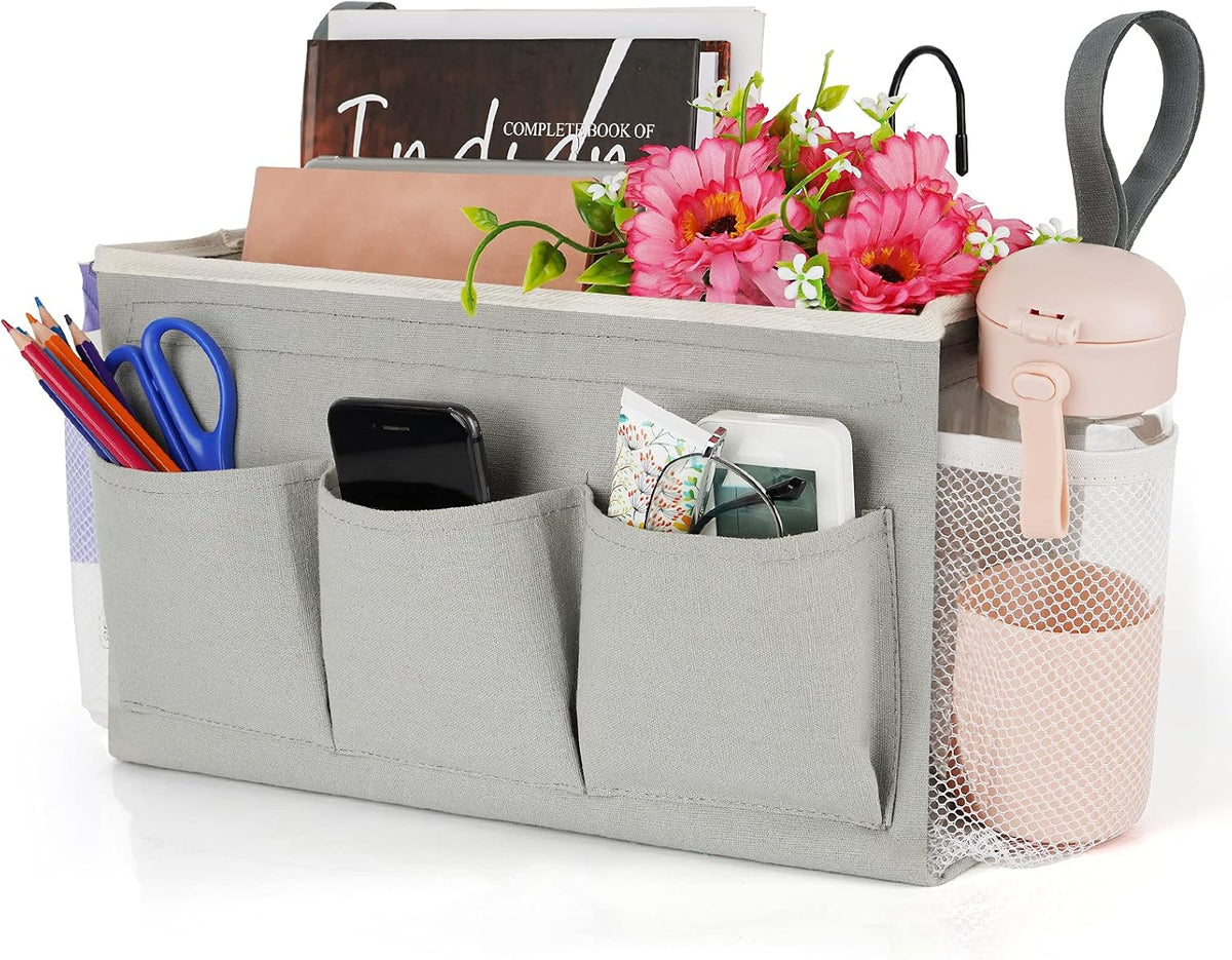 Lilithye Bedside Caddy Storage Organizer with Fixed Straps and Water Bottle Holder for Home, College, Dorm, Bunk/Hospital/Crib Bed Rails, White