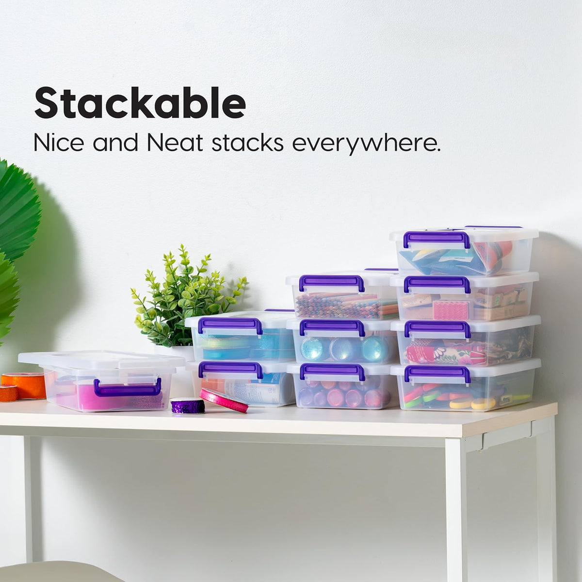 IRIS USA 6 Qt. Plastic Craft Storage Container Bins with Lids, Small Art & Office Supply Organizer Tote, Sensory Bins & Boxes for Home & University, Stackable, Secure Latch Buckles, Clear