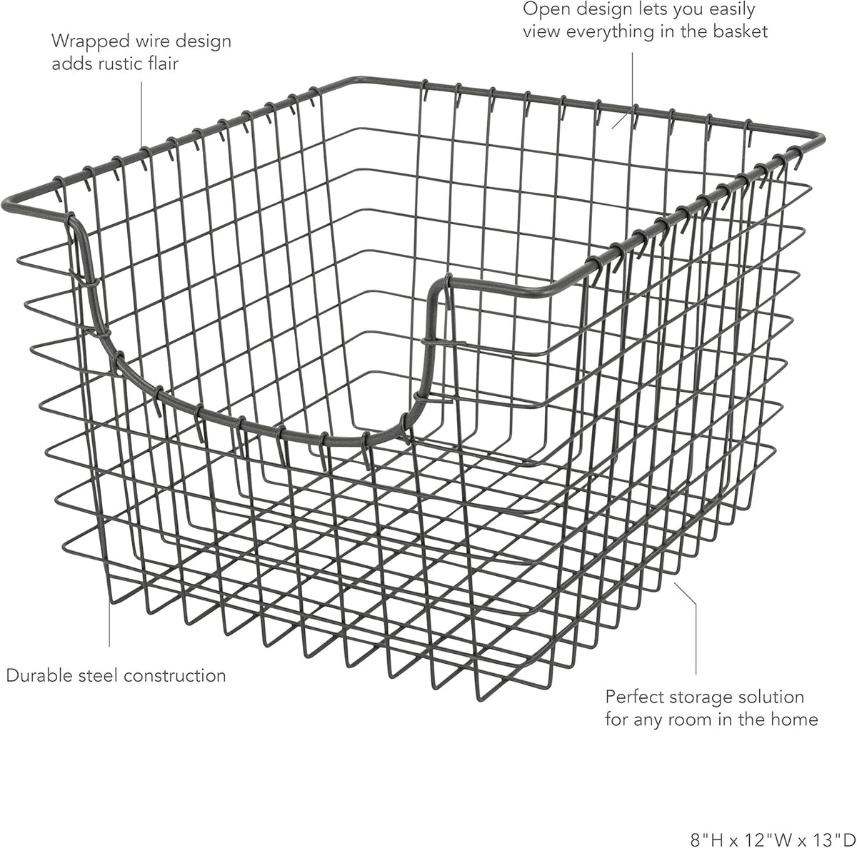 Spectrum Wire Scoop Basket Storage Bin Industrial Gray Medium Metal Wire Basket Organizer for Kitchen Pantry Wire Storage Bins, Heavy Duty Rectangle Wire Storage for Kitchen Organization