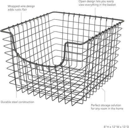 Spectrum Wire Scoop Basket Storage Bin Industrial Gray Medium Metal Wire Basket Organizer for Kitchen Pantry Wire Storage Bins, Heavy Duty Rectangle Wire Storage for Kitchen Organization