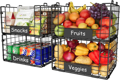 JKsmart 4 Pack XXL Stackable Wire Baskets with Handles for Pantry Storage and Organization,Fruit and Vegetable Basket with Name Plates,Metal Storage Bins for Snack Can Fruit Veggies