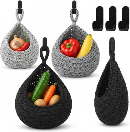 Honeydak Boho Decor Hanging Wall Baskets for Kitchen 3 Pack Teardrop Baskets with Hooks Storage Fruit Onion Vegetable Potato for Home 3 Sizes(Linen,Teardrop,Jute)