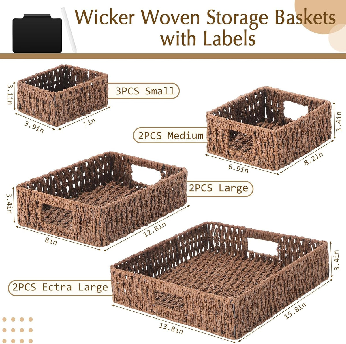 Marsui 9 Pcs Wicker Storage Baskets for Pantry Organization with Handle Labels Handwoven Multi-size Dark Brown Small Organizer Baskets Storage Bin Container for Shelves Closet Toilet Christmas Holiday