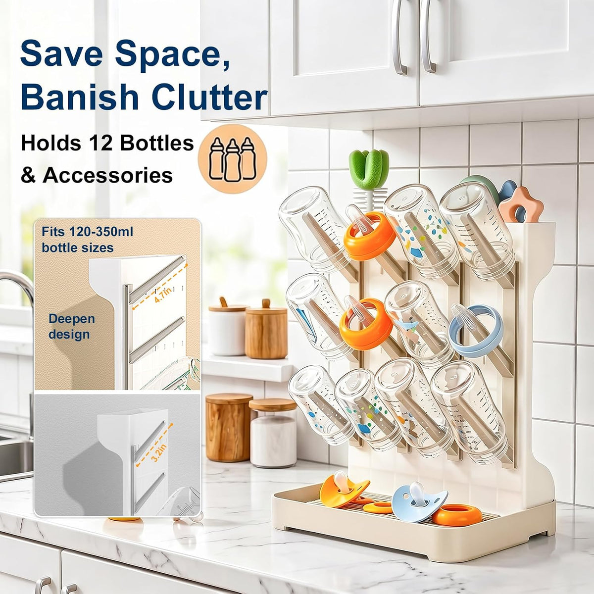 GoMaihe Baby Bottle Drying Rack: Space Saving Vertical Bottle Dryer Holder - Newborn Accessories Storage Stand Organize Brushes Pacifiers on Countertop - BPA-Free - Gray