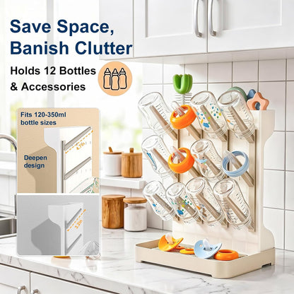 GoMaihe Baby Bottle Drying Rack: Space Saving Vertical Bottle Dryer Holder - Newborn Accessories Storage Stand Organize Brushes Pacifiers on Countertop - BPA-Free - Gray