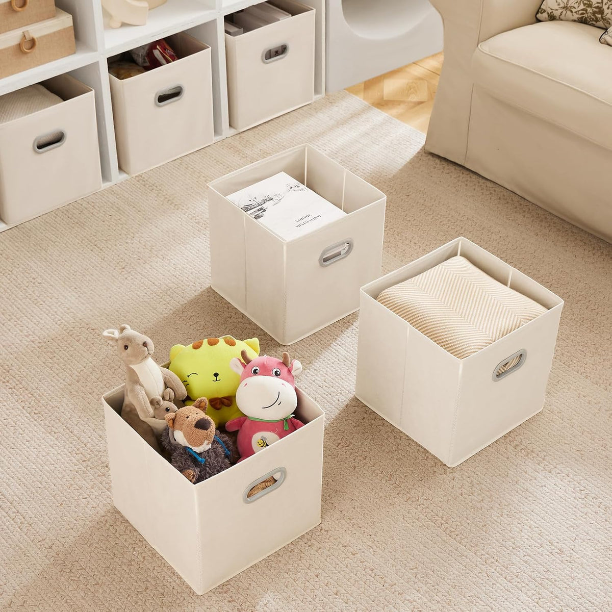 MAX Houser Fabric Storage Bins Cubes Baskets Containers with Dual Plastic Handles for Home Closet Bedroom Drawers Organizers, Flodable, Blue, Set of 4