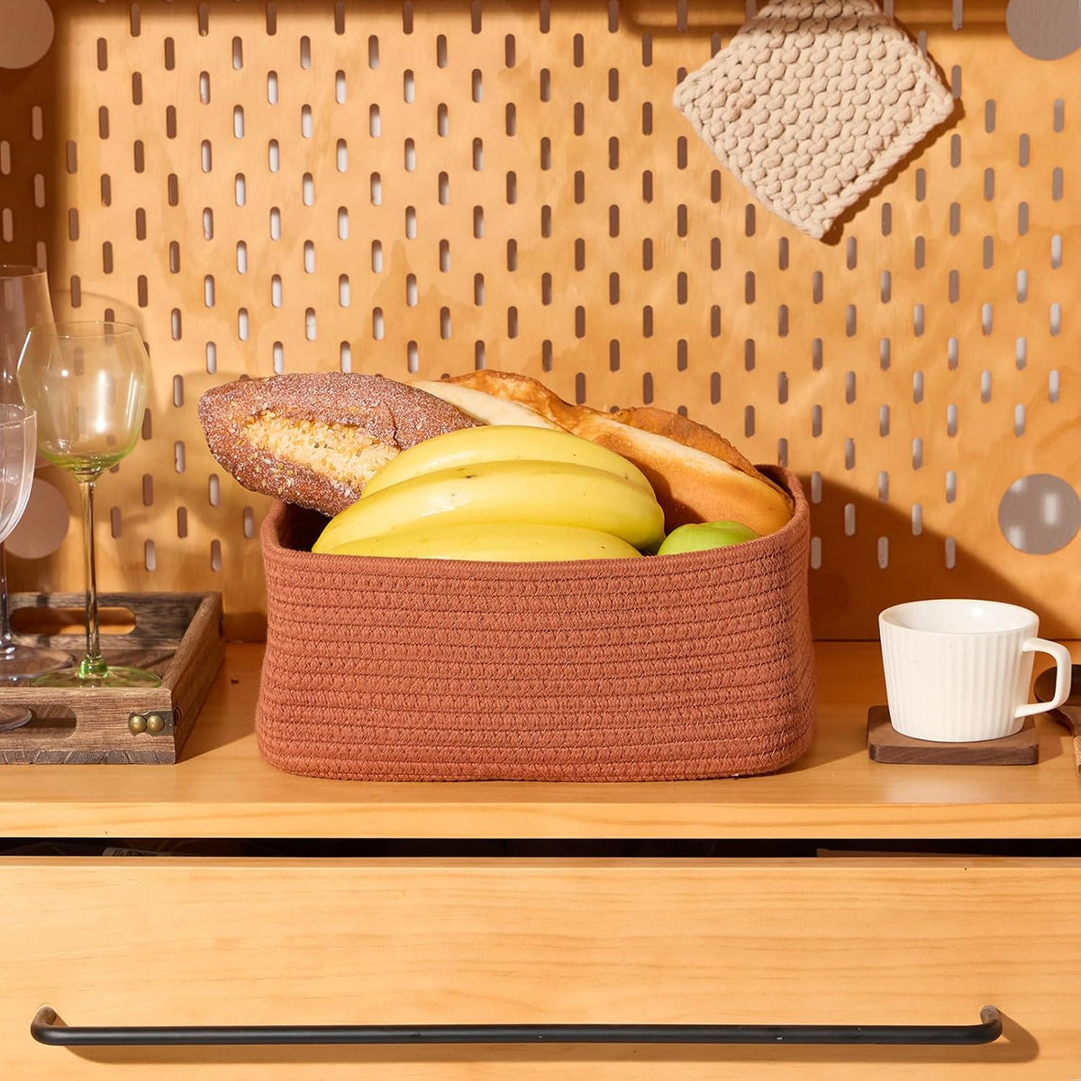 MiniArk Small Storage Baskets for Organizing | Closet Organizer Bins | Shelf Toy Basket | Woven Rope Baskets | Cube Decorative Box | Shallow Basket | L11.5xW7.5xH4.7| Brown