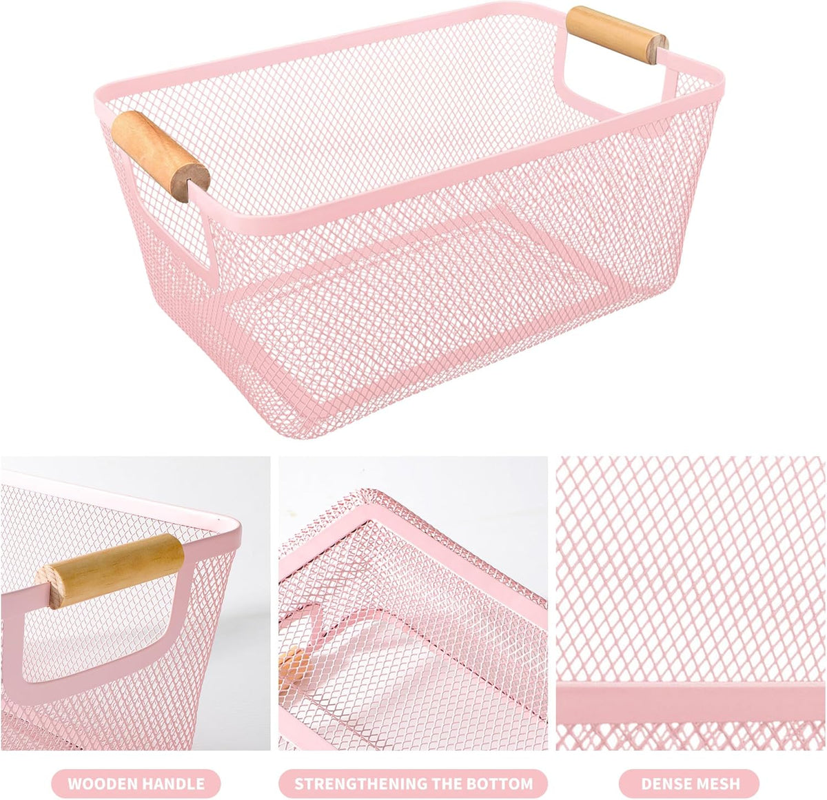2 Pack 12" Wide Metal Mesh Baskets with Bamboo Handles for Pantry Organization | Wire Storage Bins for Kitchen, Cabinet, Fruit & Snacks | Decorative Farmhouse Style Organizer