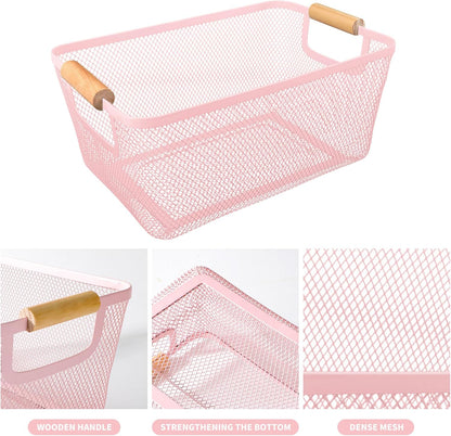 2 Pack 12" Wide Metal Mesh Baskets with Bamboo Handles for Pantry Organization | Wire Storage Bins for Kitchen, Cabinet, Fruit & Snacks | Decorative Farmhouse Style Organizer