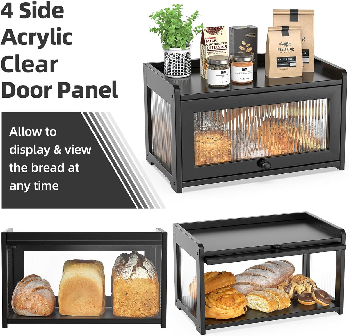 BAMBANG Bamboo Bread Box for Kitchen Countertop, Extra Large Farmhouse Bread Box with 4-Side Clear Panels, Wooden Bread Storage Container for Homemade Bread, Natural