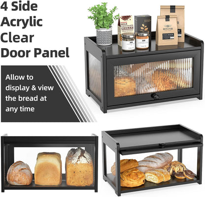 BAMBANG Bamboo Bread Box for Kitchen Countertop, Extra Large Farmhouse Bread Box with 4-Side Clear Panels, Wooden Bread Storage Container for Homemade Bread, Natural