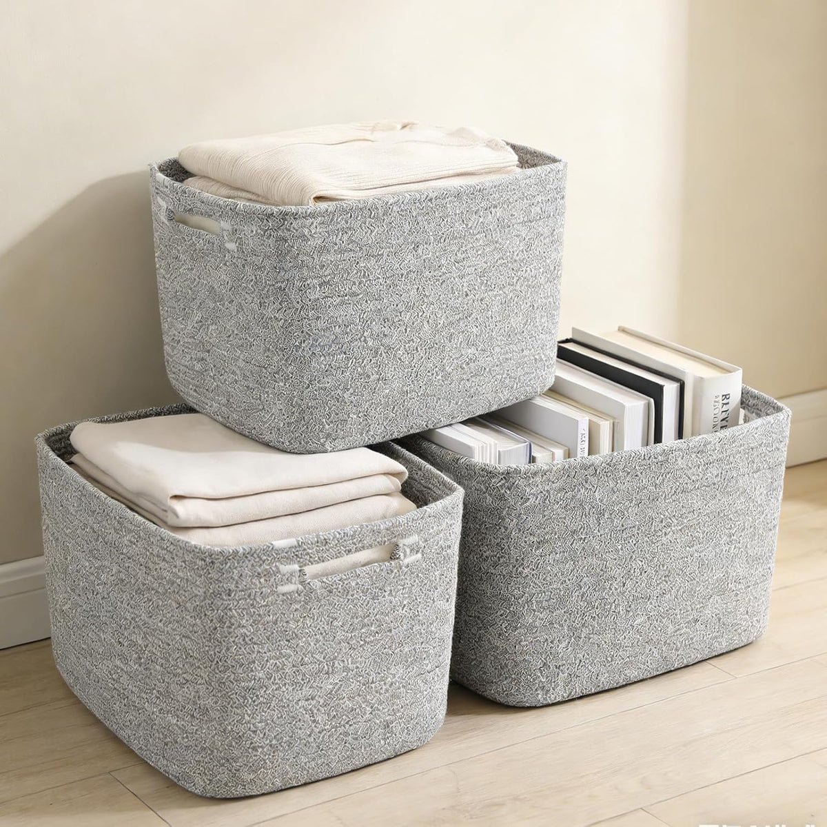 3 Pack Woven Rope Storage Baskets for Shelves,13.5"×11"×9.5" Storage Bins with Handles,Empty Gift Baskets,Nursery Organizer for Toys,Towels,Books,Closet,Living Room,Bedroom (White & Brown)