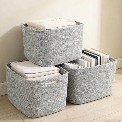 3 Pack Woven Rope Storage Baskets for Shelves,13.5"×11"×9.5" Storage Bins with Handles,Empty Gift Baskets,Nursery Organizer for Toys,Towels,Books,Closet,Living Room,Bedroom (White & Brown)