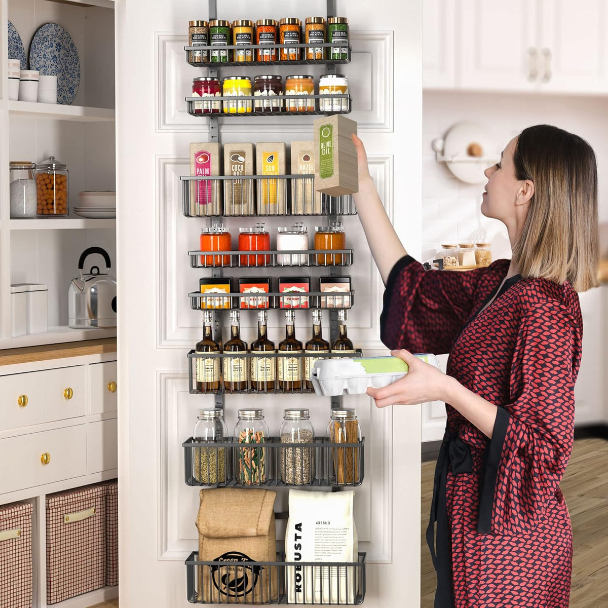 Moforoco White Over The Door Pantry Organizer, Pantry Organization and Storage, Metal Hanging Spice Rack Shelves Door, Seasoning Shelves, Laundry Room Organization, House and Kitchen Essentials
