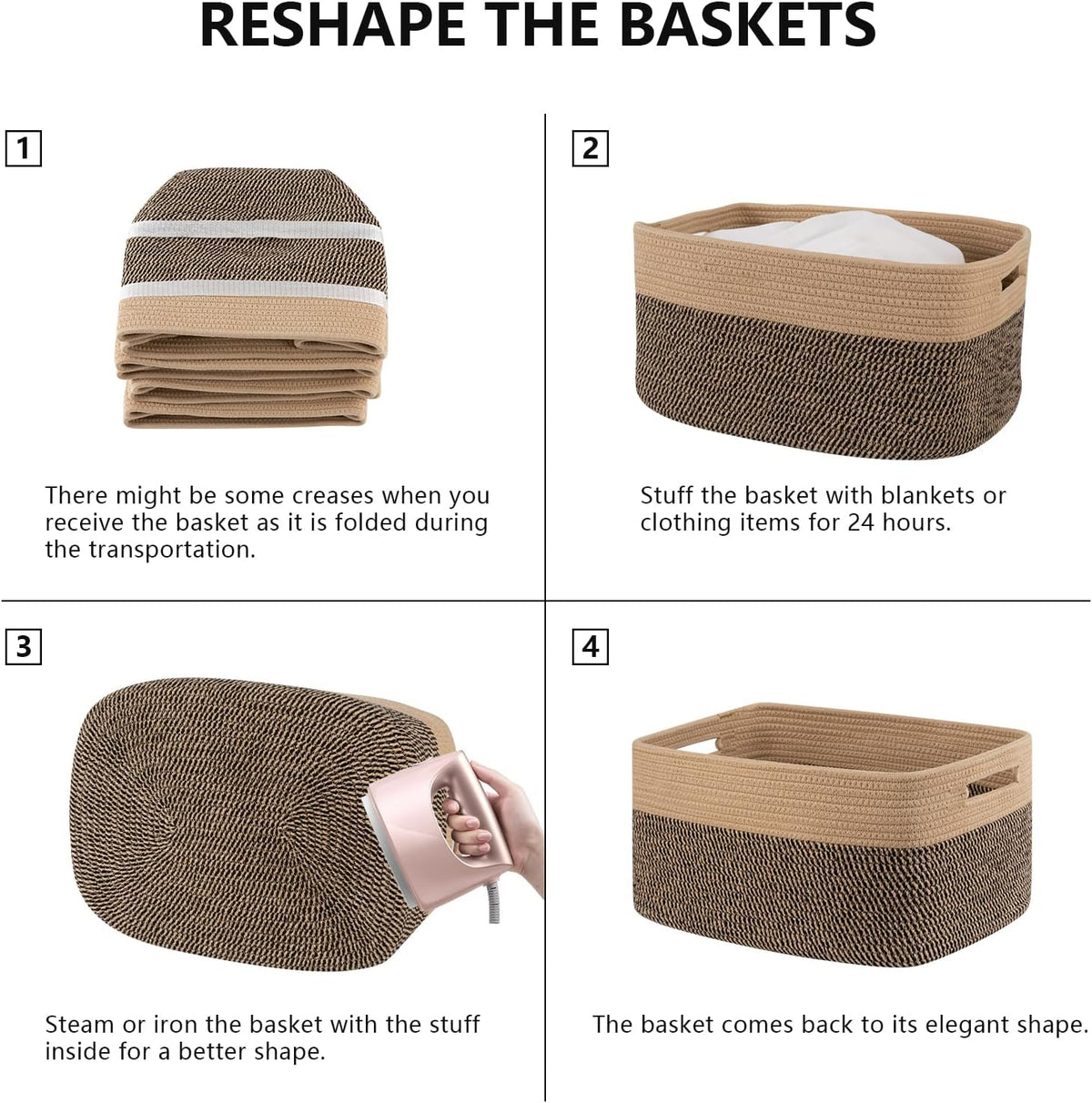 4 Pack Storage Baskets for Organizing, Woven Baskets for Shelves - Perfect for Toys, Books, Towels, and Clothes, Durable Gift Basket Bins Toy Storage, 12.7''Lx9''Wx7.8''H, Brown & White