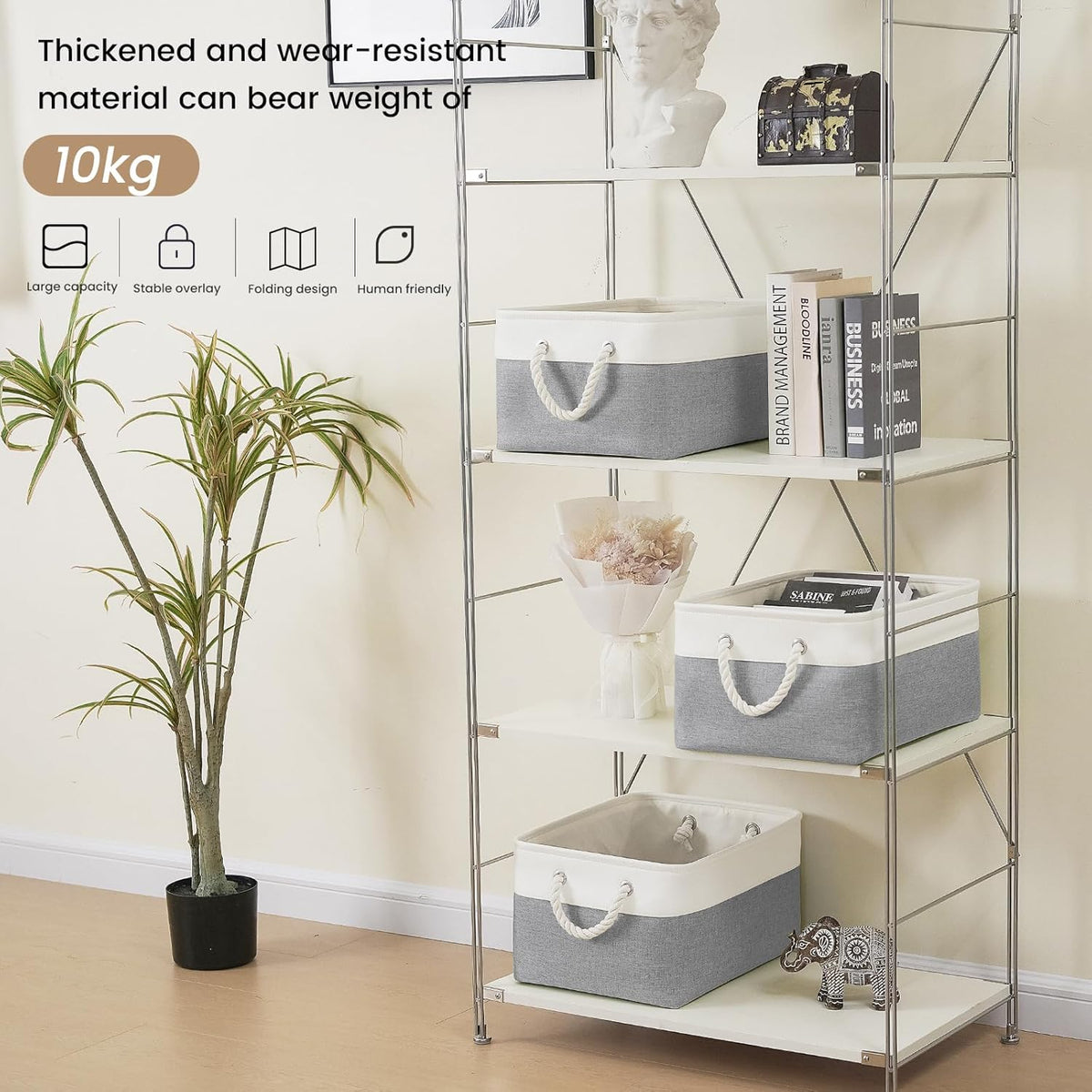 Large Storage Baskets- 15.7x11.8x8.26 inch Storage Bins for Shelves and Closet Organizing, Foldable Fabric Bin for Home Organization Clothes and Laundry (3-Pack, White&Khaki)