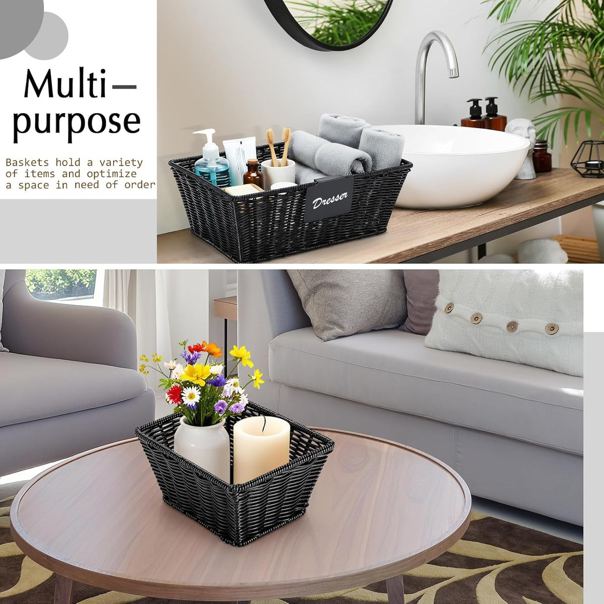 Marsui 6 Pcs Wicker Storage Baskets with Labels Handwoven Multi-size Brown Wicker Storage Bins for Organizing Small Baskets Container for Shelves Closet Pantry Toilet(Brown )