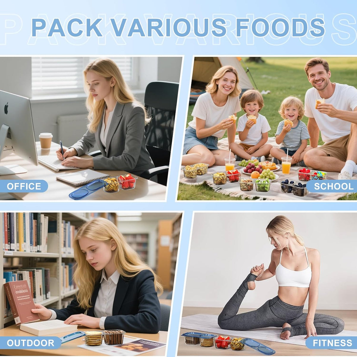 Snack Pack Containers for Kids, Reusable Snack Containers with Lids, 2 Compartment Small Bento Snack Box, BPA-Free, Lunchbox Accessories for Travel